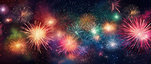 HAPPY NEW YEAR 2024 - Firework New Year's Eve Party festival celebration holiday background banner greeting card - Closeup of colorful fireworks pyrotechnics in the night.