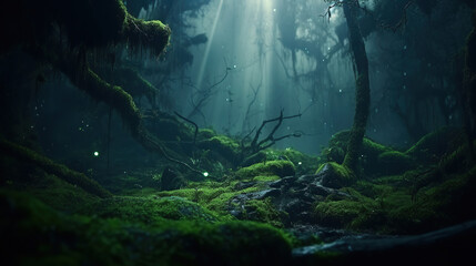 Wall Mural - Magic deep forest with moss and fog.