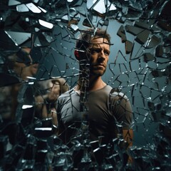 Sticker - A man standing in front of a shattered glass or mirror wall, AI