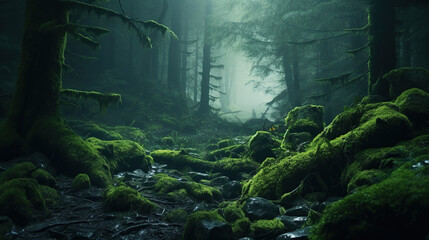 Wall Mural - Magic deep forest with moss and fog.