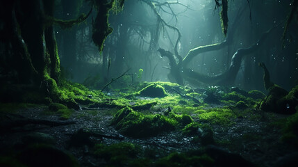 Wall Mural - Magic deep forest with moss and fog.