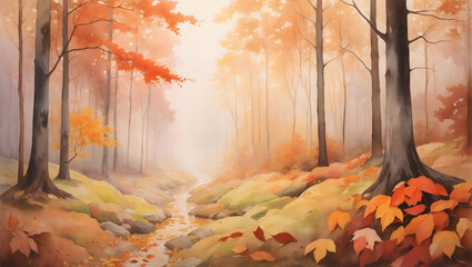 Wall Mural - watercolor drawing forest pattern landscape of dry trees, beauty of nature, fog background 