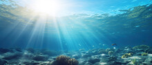 Sea Underwater View With Sun Light. Beauty Nature Background.