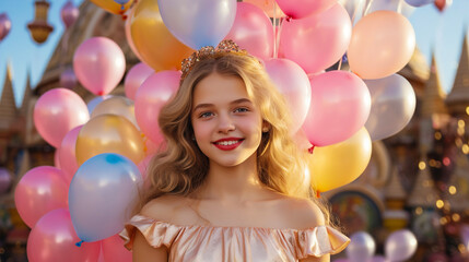 Wall Mural - A girl celebrates her birthday. 15th birthday celebration with balloons and gifts