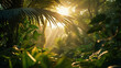 Sunrise in jungle rainforest view through tropical palm tree plants and lush fern foliage. Beautiful sunny morning in magic forest. Exotic nature landscape with wonderful majestic scenery.