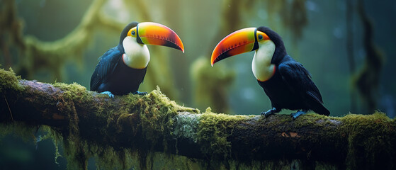 Wildlife animal birds photography background - Two toucans (ramphastidae) on mossy tree branch in forest.