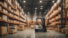 Retail Warehouse Filled With Boxes, Logistics Atmosphere, Forklifts, Distribution Area