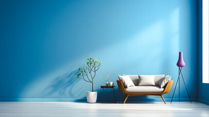 Wall Mural - Luxury sofa chair in front of a blue wall. Abstract blue wall background, wall in a bright room, For art texture, presentation design or web design and web background. Generative AI.