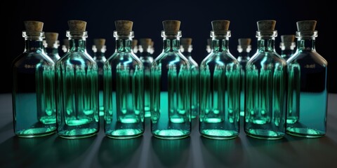 Poster - A collection of bottles filled with vibrant green liquid. Perfect for science experiments or laboratory-themed projects.