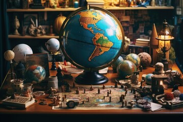 Poster - A table with a globe placed on top, surrounded by various objects. This versatile image can be used to represent education, travel, global concepts, or workspace themes.