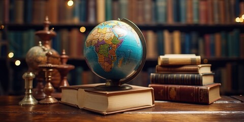 Poster - A globe sitting on top of a wooden table. This image can be used to represent concepts such as travel, education, geography, or global business.