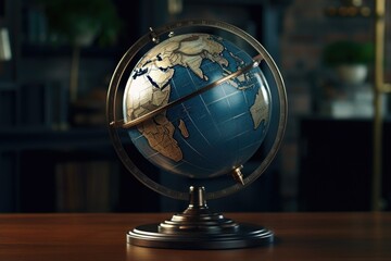 Poster - A blue and gold globe sitting on top of a wooden table. Suitable for educational and travel-related projects.