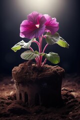 Poster - A purple flower is shown as it grows out of the ground. This image can be used to represent growth, nature, beauty, or gardening.