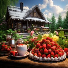 Poster - A table filled with an abundance of fresh strawberries, accompanied by a cup of steaming coffee.
