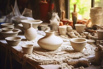 Poster - A collection of different types of pottery displayed on a table. Perfect for interior design projects or showcasing artistic craftsmanship.