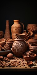 Poster - A collection of pottery arranged neatly on top of a table. Perfect for home decor or showcasing handmade craftsmanship.