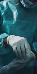Poster - A picture of a person wearing a surgical gown and gloves. This image can be used to depict medical professionals, surgeries, healthcare, or sterile environments.