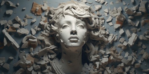 Poster - A statue of a woman standing amidst a pile of rubble. This image can be used to represent resilience, destruction, or the aftermath of a disaster.