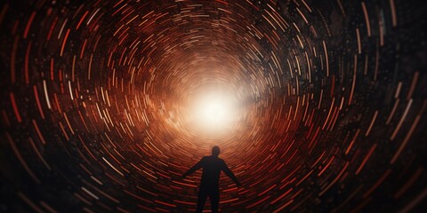 Poster - A person standing in a tunnel with a light shining at the end. This image can be used to represent hope, determination, or the journey towards a goal.