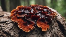 Top View Healing Chaga Mushroom On Old Birch Trunk Close Up. Red Parasite Mushroom Growth On Tree
