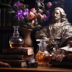 Poster - A statue is seen sitting on top of a table, surrounded by a vase of beautiful flowers. This image can be used to add elegance and sophistication to various projects.