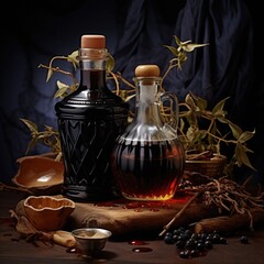 Poster - A table with a bottle of syrup and a bowl of fresh berries. Perfect for food and beverage-related designs or recipes.
