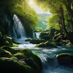 Poster - A picture of a stream running through a lush green forest. Perfect for nature-themed designs and projects.