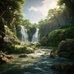 Poster - A picturesque waterfall located in the midst of a vibrant and verdant green forest. Perfect for nature enthusiasts and those seeking tranquility in the beauty of nature.