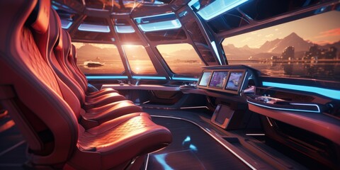 Poster - A glimpse inside a futuristic vehicle featuring sleek red leather seats. Perfect for technology, transportation, and luxury concepts.