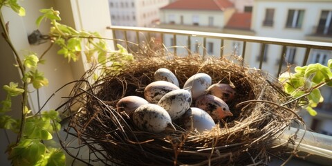 Poster - A nest filled with eggs is delicately perched on top of a window sill. 