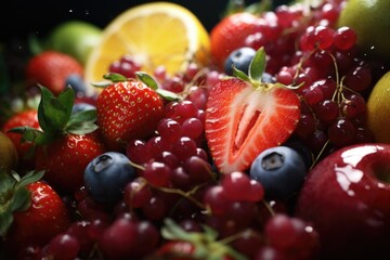 Poster - A close up view of a bowl filled with a variety of fresh and colorful fruits. This image can be used to showcase the beauty and freshness of fruits, as well as for promoting healthy eating habits.