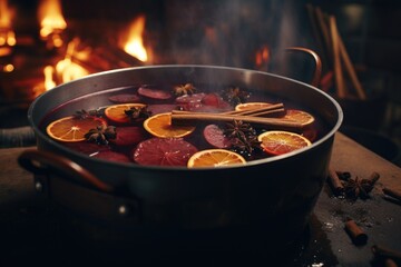 Poster - A pot filled with a variety of fresh fruits and aromatic spices, placed next to a crackling fire. 