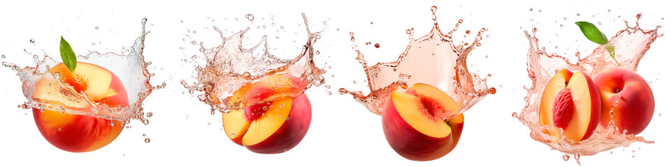 Collection of peaches with splashing water on white background