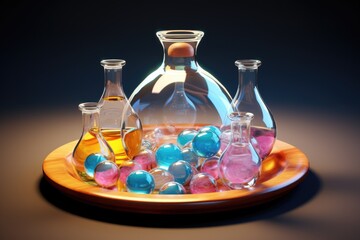 Poster - A wooden plate with various glass bottles filled with different liquids. 