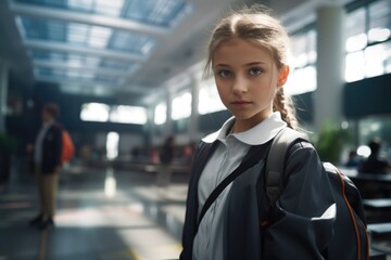 Poster - A girl standing in an airport with a backpack. This image can be used to depict travel, vacation, or a journey.