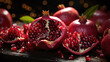 Group of Fresh Pomegranate Fruit with Water Drops on Defocused Background