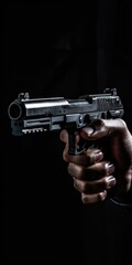 Poster - A person holding a gun in their hand. This image can be used to depict various themes such as crime, self-defense, law enforcement, or action
