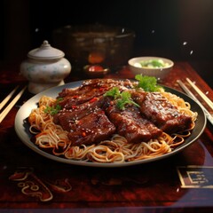 Canvas Print - A delicious plate of food with noodles and meat. Perfect for food blogs, restaurant menus, and recipe websites