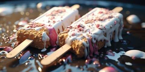 Poster - A close-up view of two popsicles with colorful icing on them. Perfect for summer-themed designs and advertisements