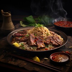 Poster - A plate filled with a delicious combination of noodles, meat, and fresh vegetables. Perfect for a hearty meal. Ideal for food blogs, restaurant menus, or recipe websites