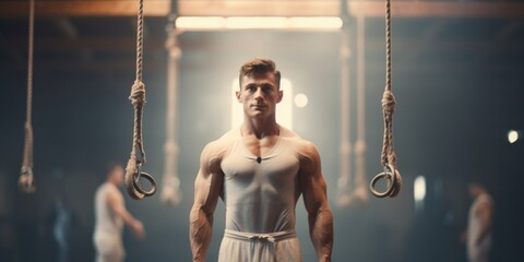 Poster - A man stands in front of a collection of hanging rings. This image can be used to represent strength, determination, fitness, or a variety of sports and exercise activities