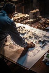 Poster - A man is seated at a table, carefully studying a blueprint. This image can be used to represent planning, design, architecture, or construction projects