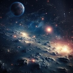 Poster - A captivating image of a space scene featuring stars and planets. Perfect for use in educational materials or as a background for digital projects