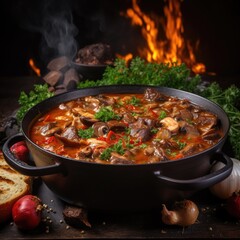 Canvas Print - A pot of delicious stew with a combination of meat and vegetables is placed on a table. 