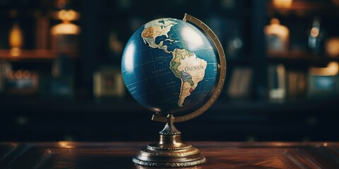 Aufkleber - A blue globe sitting on top of a wooden table. Perfect for educational or travel-related projects