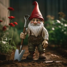 A Garden Gnome Holding A Shovel, Ready For Some Gardening. Perfect For Any Gardening-related Projects Or Designs