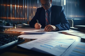 Aufkleber - A man sitting at a desk, focused on writing on a piece of paper. Suitable for office, business, education, or creative concept themes