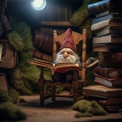 Aufkleber - A gnome sitting in a chair, engrossed in reading a book. Perfect for illustrating the joy of reading and relaxation. Ideal for book covers, library promotions, or educational materials