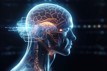 Wall Mural - A detailed close-up view of a person's head and brain. This image can be used to represent neuroscience, psychology, mental health, or any concept related to the human mind