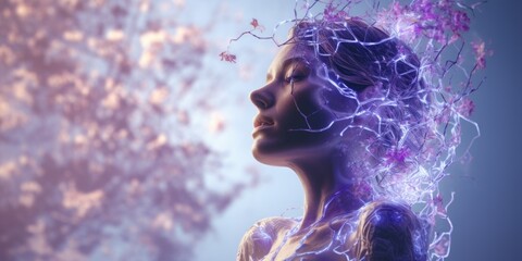 Poster - A woman in a white dress is surrounded by purple wires. This image can be used to depict a futuristic or technological concept